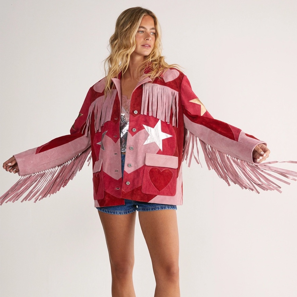 Nasty Gal heart and star Suede fringe jacket